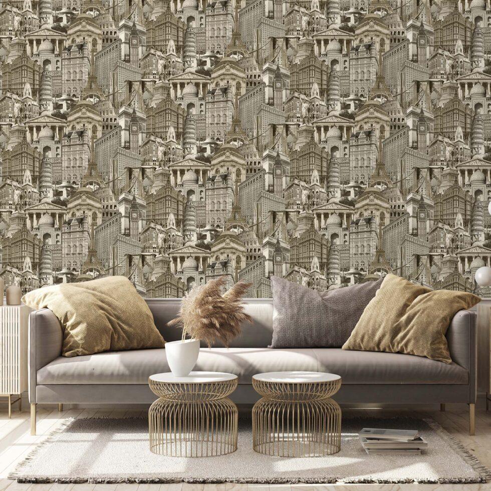 City Architecture Motif Stylized Wallpaper Cream Code 4705-1 - Image 2