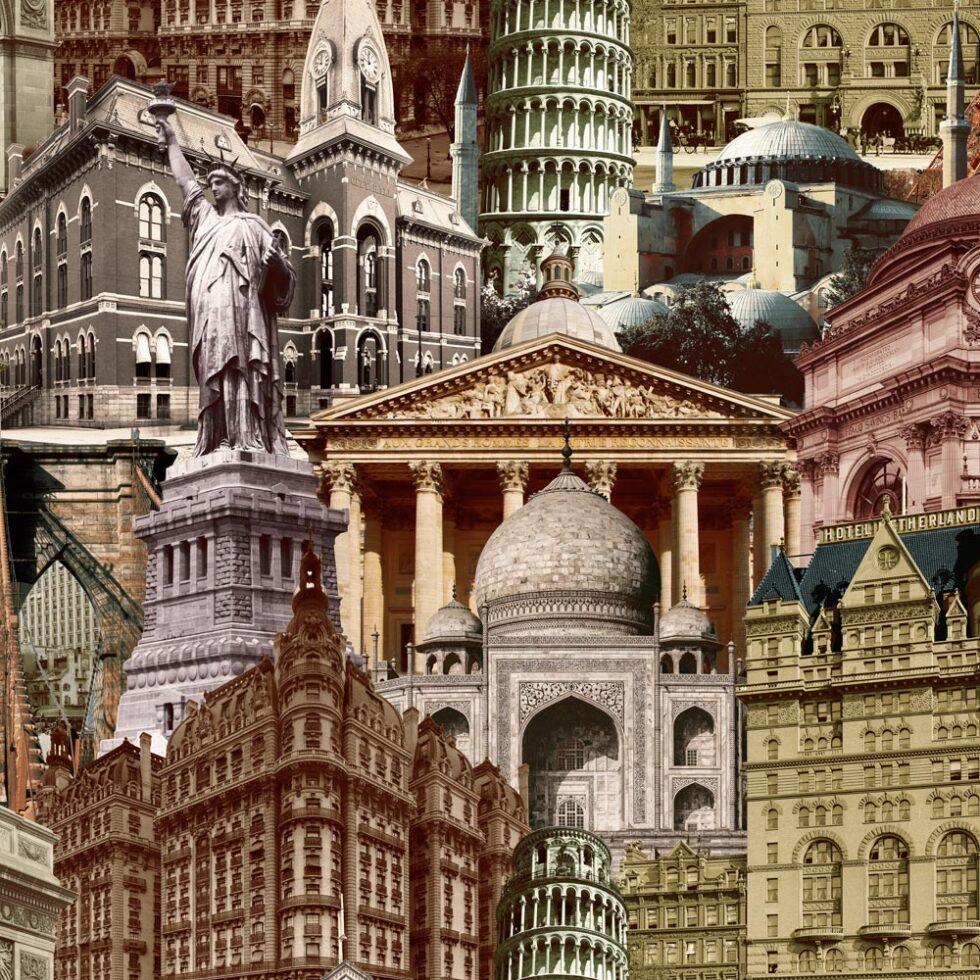 City Architecture Motif Stylized Wallpaper Brown Code 4705-3