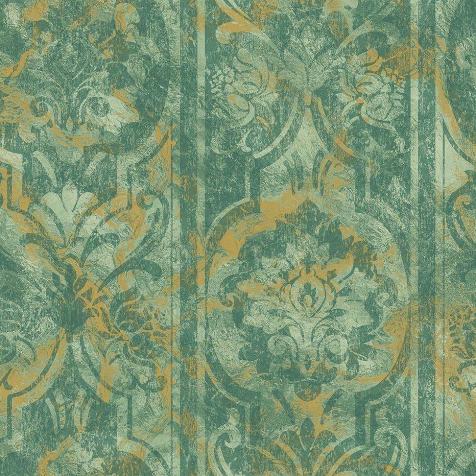 Flowers And Leaves Bands Ornament Wallpaper Green Code 4713-3