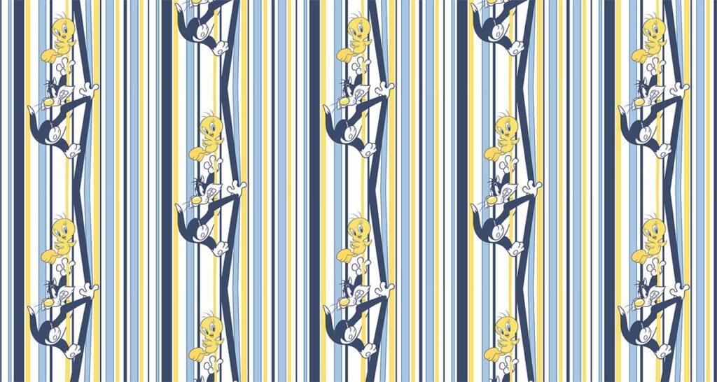 LOONEY TUNES, VINYL FABRIC TEXTILE Wall Mural in Different Texture, Code WB2129. It is produced as ONE PIECE WITHOUT JOINT.