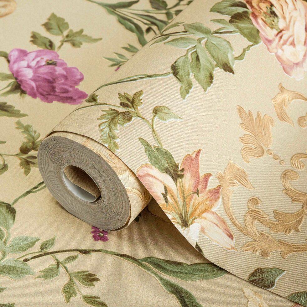 Floral damask with blooming roses ornament wallpaper Beige Code 7803-4