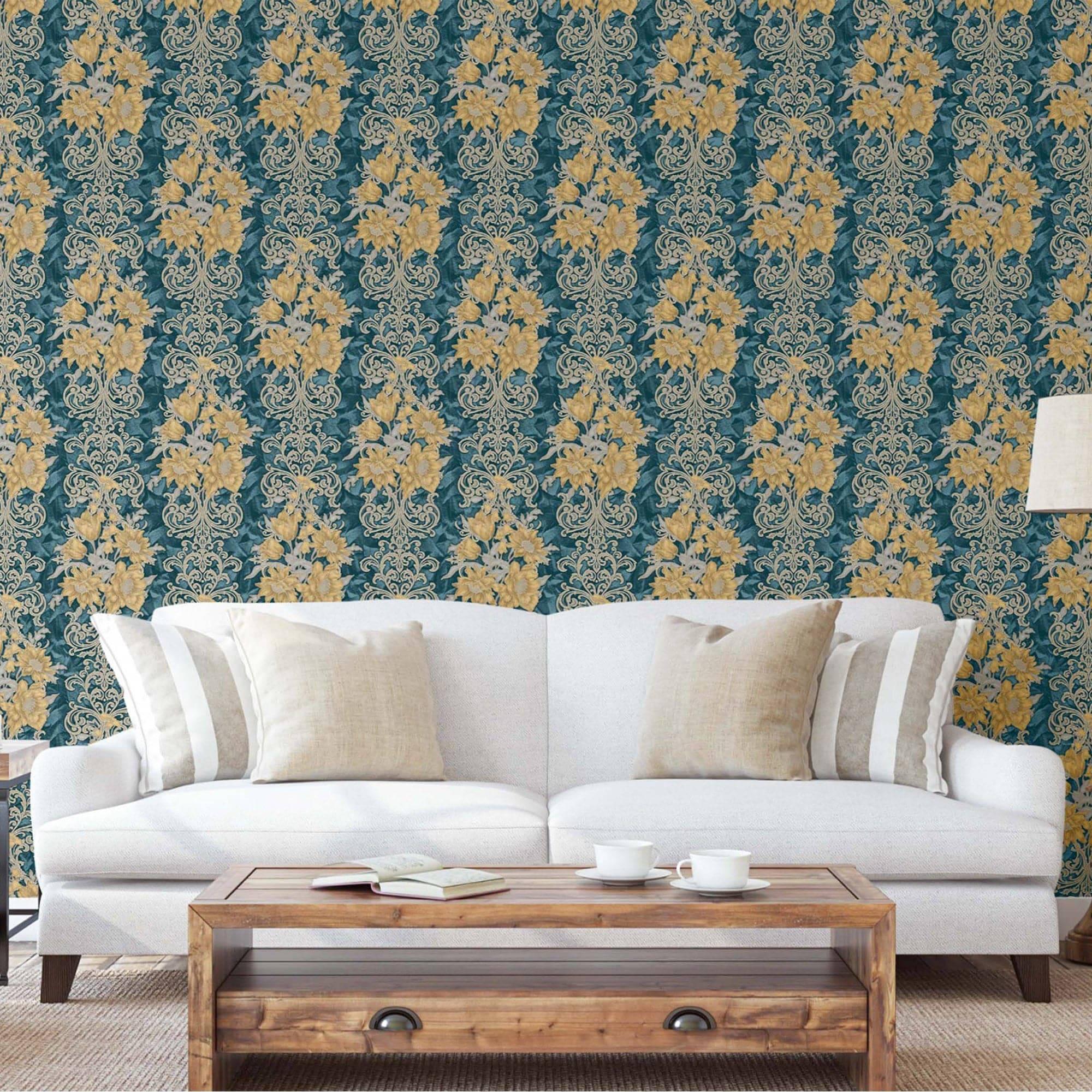 Floral detailed Rococo damask pattern wallpaper Green Code 7805-4 - Image 5