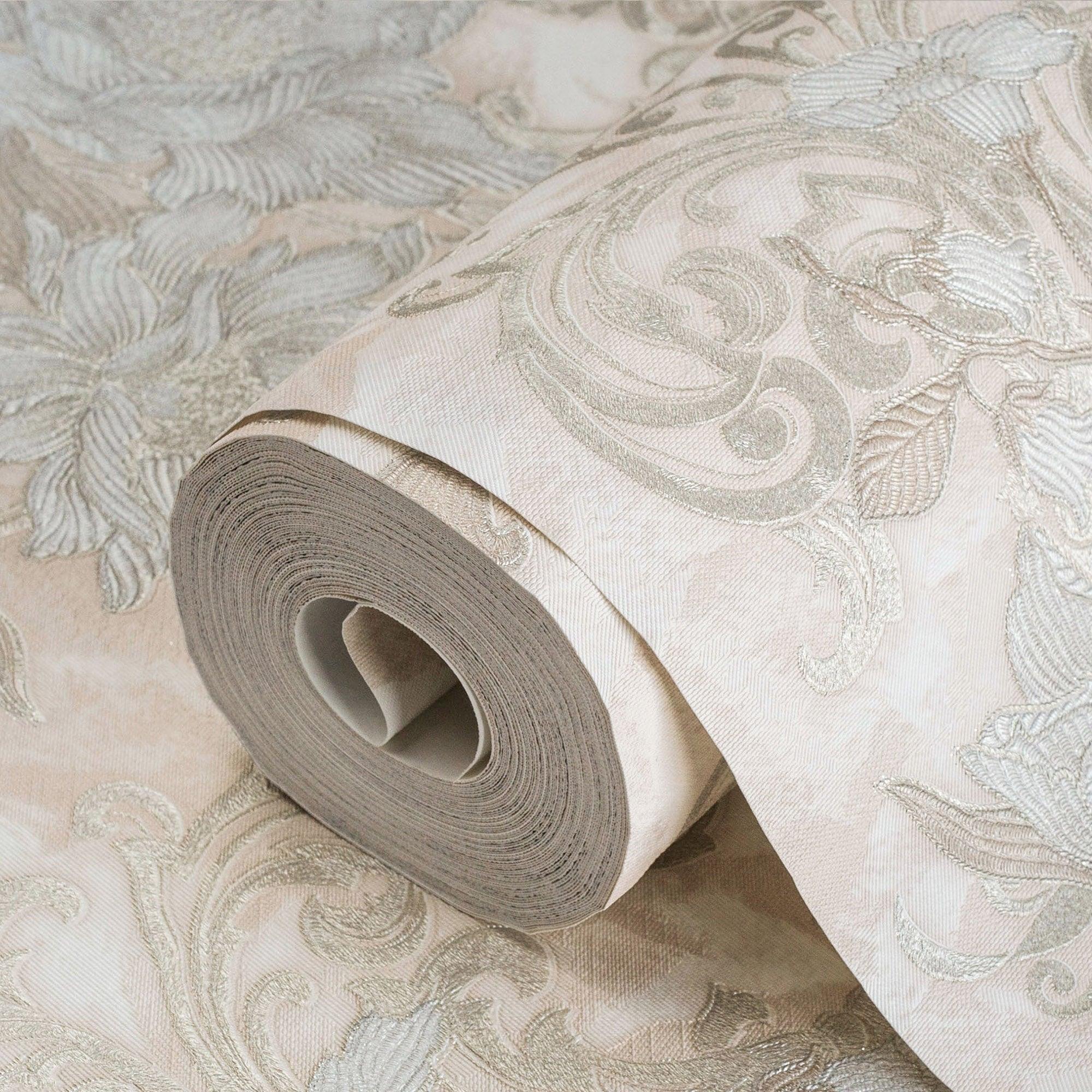 Floral detailed Rococo damask pattern wallpaper Cream Code 7805-1 - Image 1
