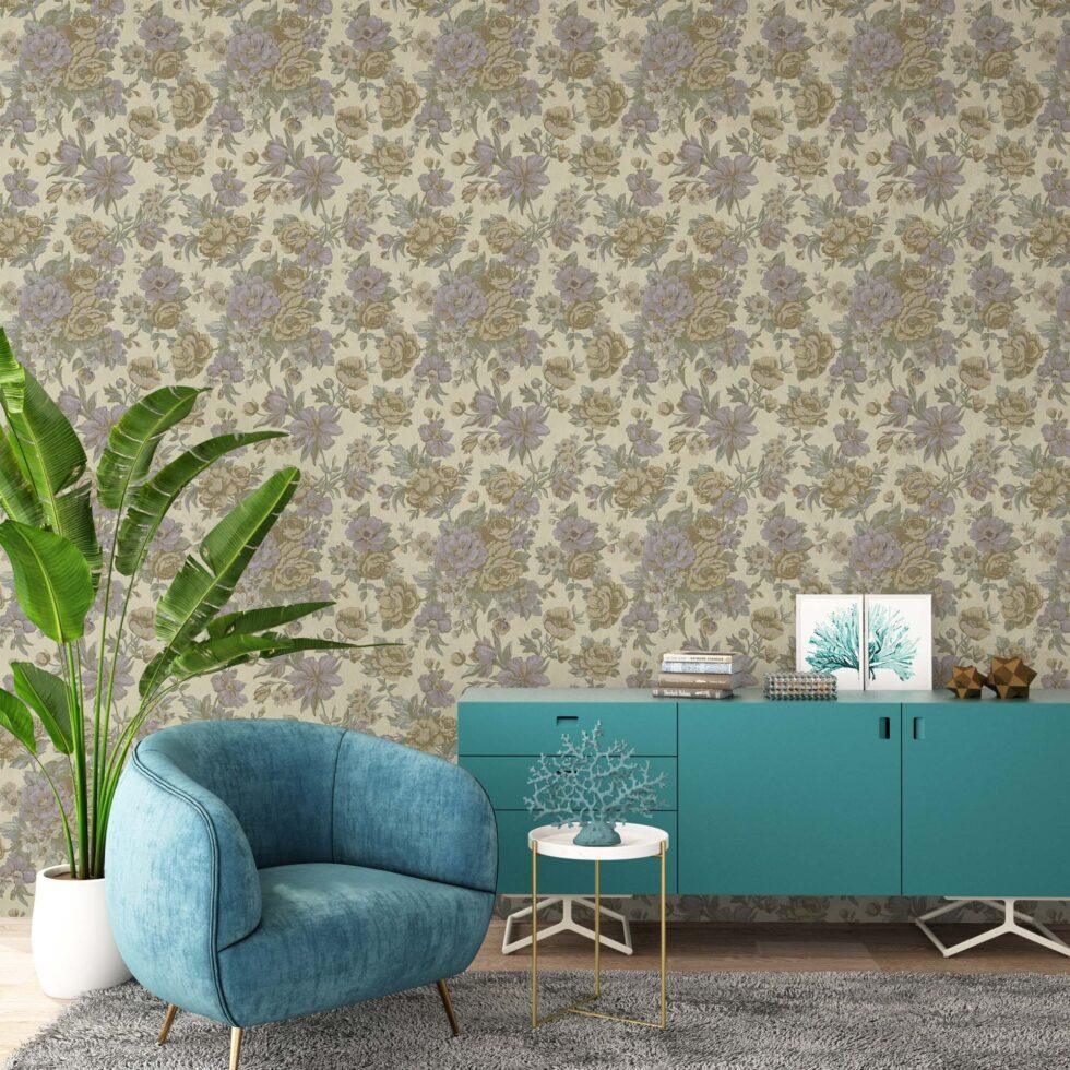 Blooming Roses Floral Pattern Wallpaper Beige Light Blue Code 5806-3 - Image 2