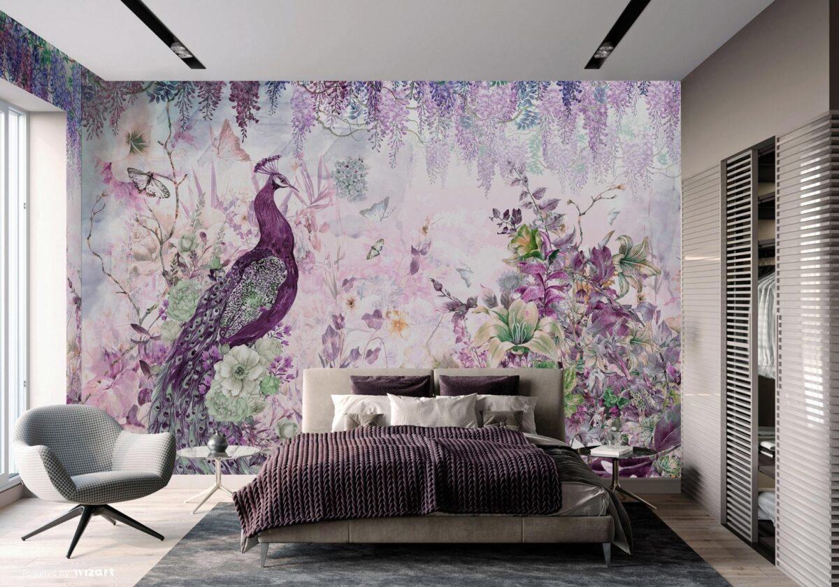 Colorful Peacock Design MURAL WALLPAPER, Available in Various Paper Texture, Code A300. It is Produced as 105 CM WIDE ROLL PANELS. - Image 7