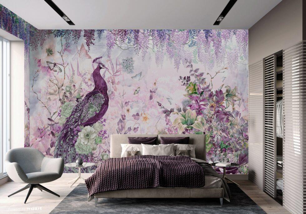 Colorful Peacock Design Vinyl, FABRIC BACK Wall Mural in Different Texture - Code A300 - Image 5