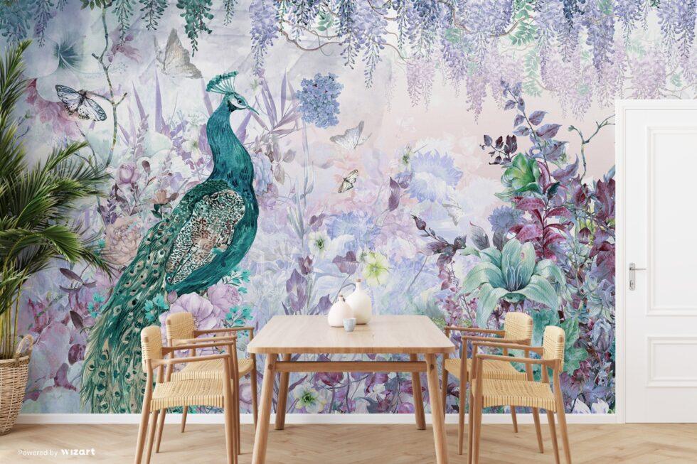 Colorful Peacock Design Vinyl, FABRIC BACK Wall Mural in Different Texture - Code A300