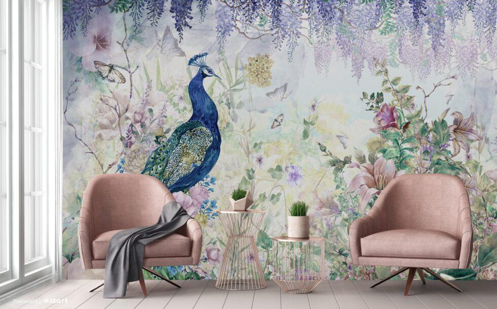 Colorful Peacock Design Vinyl, FABRIC BACK Wall Mural in Different Texture - Code A300 - Image 6