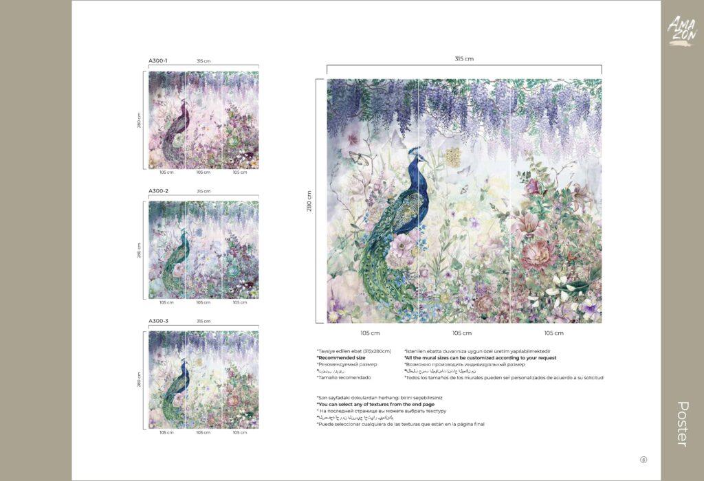 Colorful Peacock Design MURAL WALLPAPER, Available in Various Paper Texture, Code A300. It is Produced as 105 CM WIDE ROLL PANELS. - Image 8