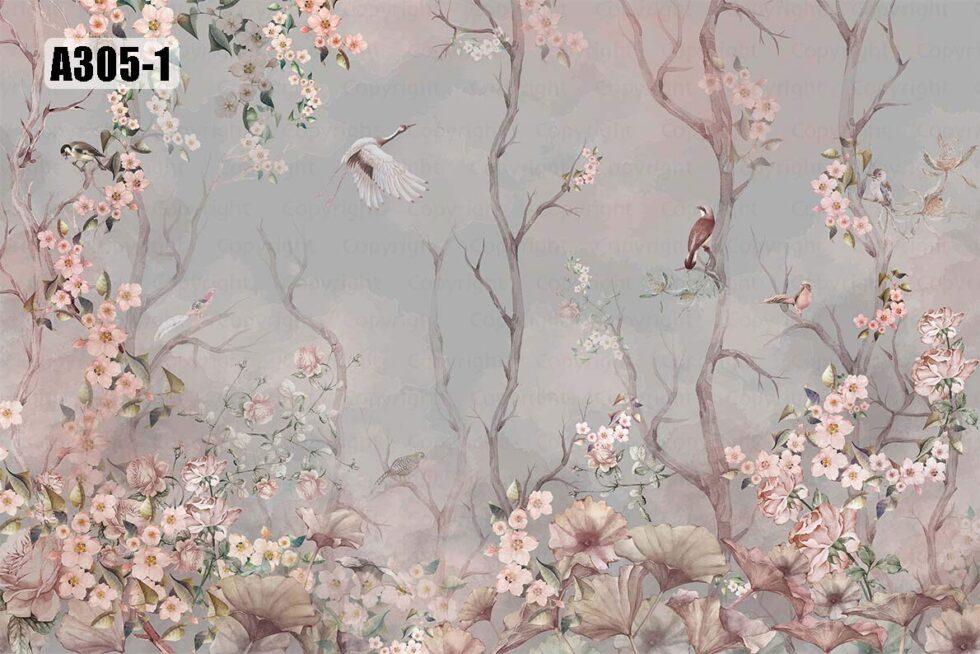 Flowers Pattern Design Vinyl, FABRIC BACK Wall Mural in Different Texture - Code A305 - Image 2