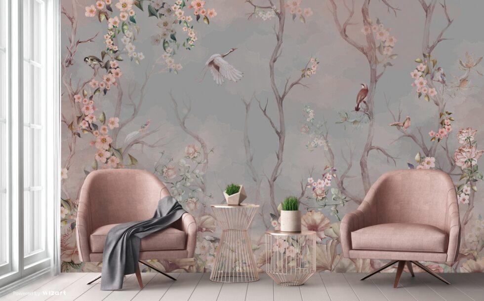 Flowers Pattern Design Vinyl, FABRIC BACK Wall Mural in Different Texture - Code A305 - Image 6