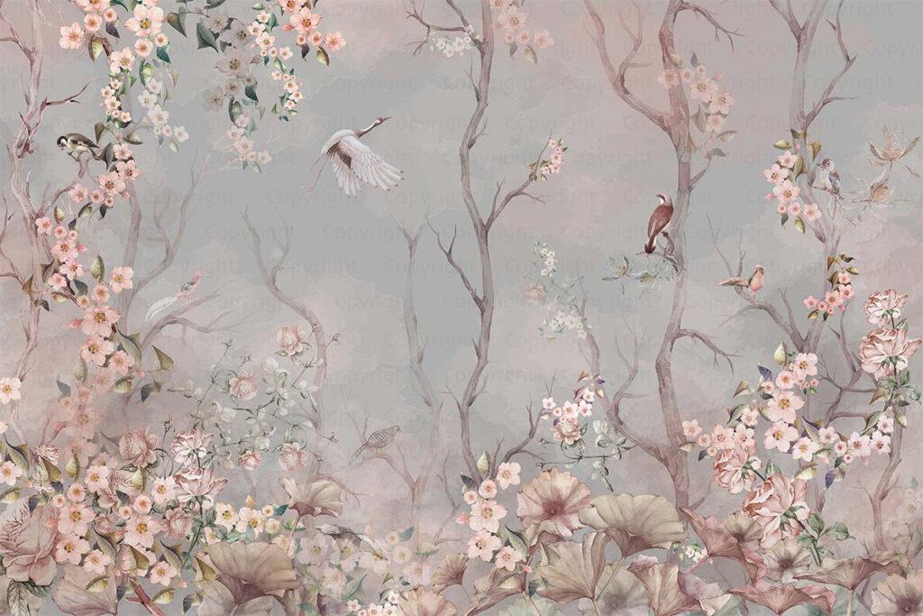 Flowers Pattern Design, VINYL FABRIC TEXTILE Wall Mural in Different Texture, Code A305. It is produced as ONE PIECE WITHOUT JOINT. - Image 2