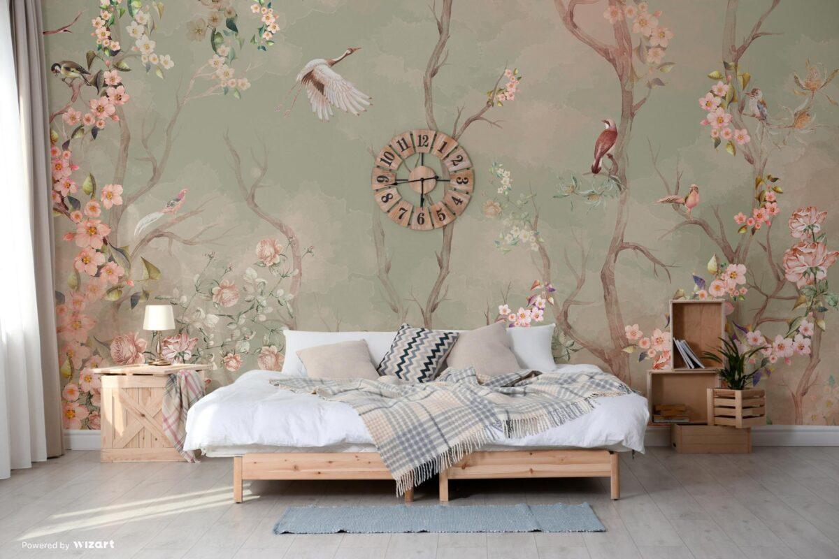 Flowers Pattern Design, VINYL FABRIC TEXTILE Wall Mural in Different Texture, Code A305. It is produced as ONE PIECE WITHOUT JOINT. - Image 7