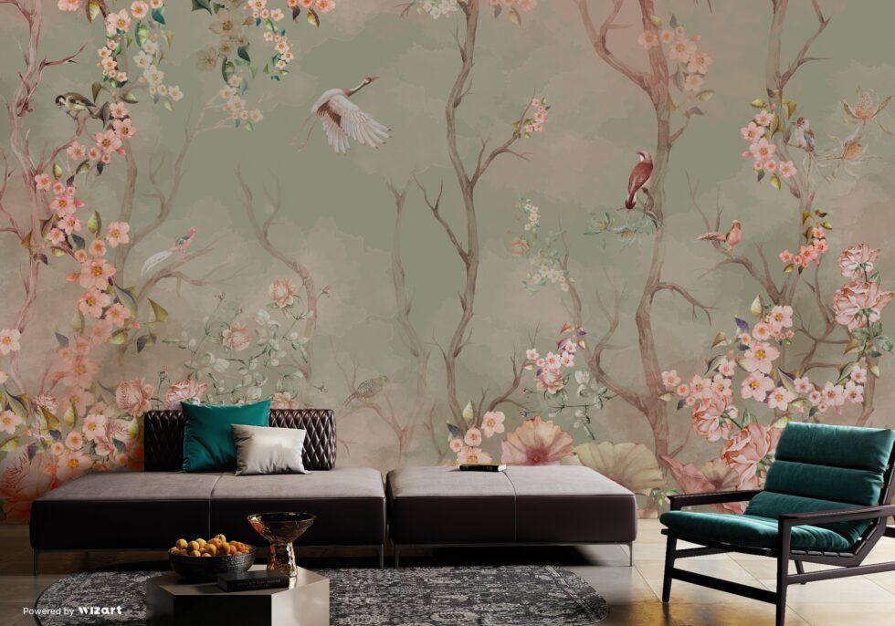 Flowers Pattern Design Vinyl, FABRIC BACK Wall Mural in Different Texture - Code A305 - Image 5