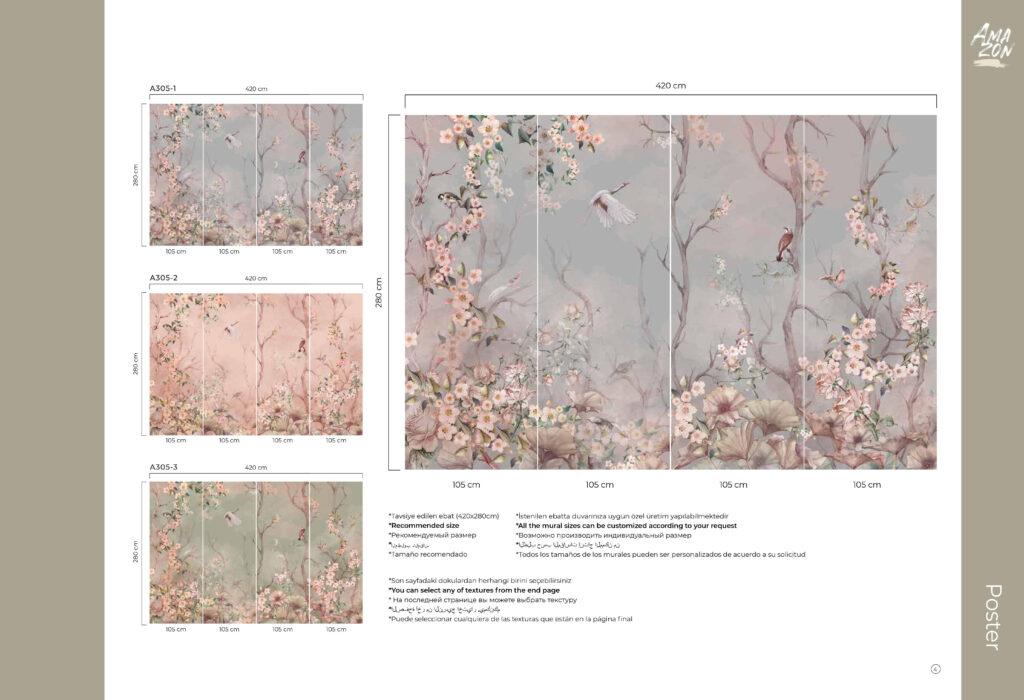 Flowers Pattern Design MURAL WALLPAPER, Available in Various Paper Texture, Code A305. It is Produced as 105 CM WIDE ROLL PANELS. - Image 7