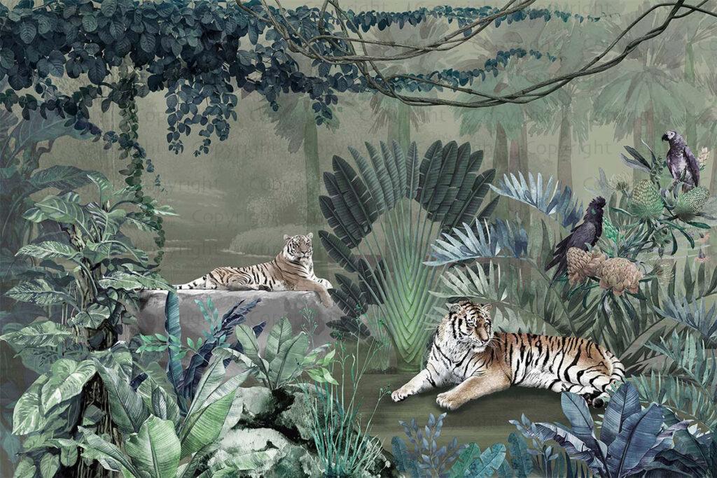 Tiger Design, VINYL FABRIC TEXTILE Wall Mural in Different Texture, Code A311. It is produced as ONE PIECE WITHOUT JOINT.