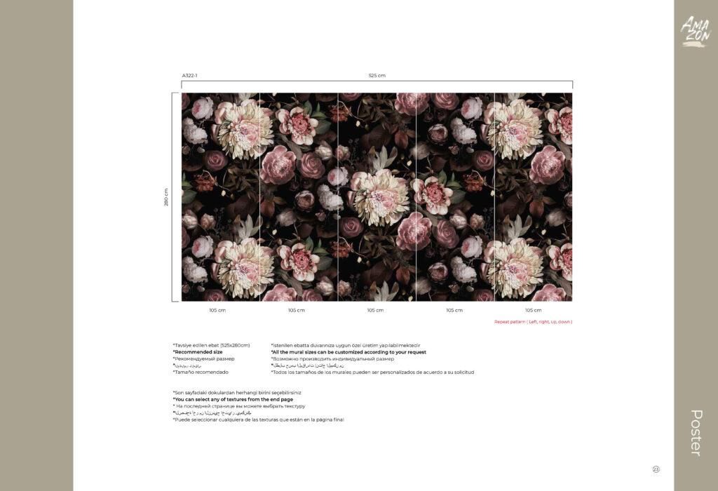 Flower Pattern Design MURAL WALLPAPER, Available in Various Paper Texture, Code A322. It is Produced as 105 CM WIDE ROLL PANELS. - Image 3
