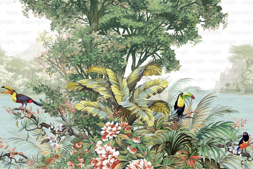 Parrot Design MURAL WALLPAPER, Available in Various Paper Texture, Code A323.  It is Produced as 105 CM WIDE ROLL PANELS.