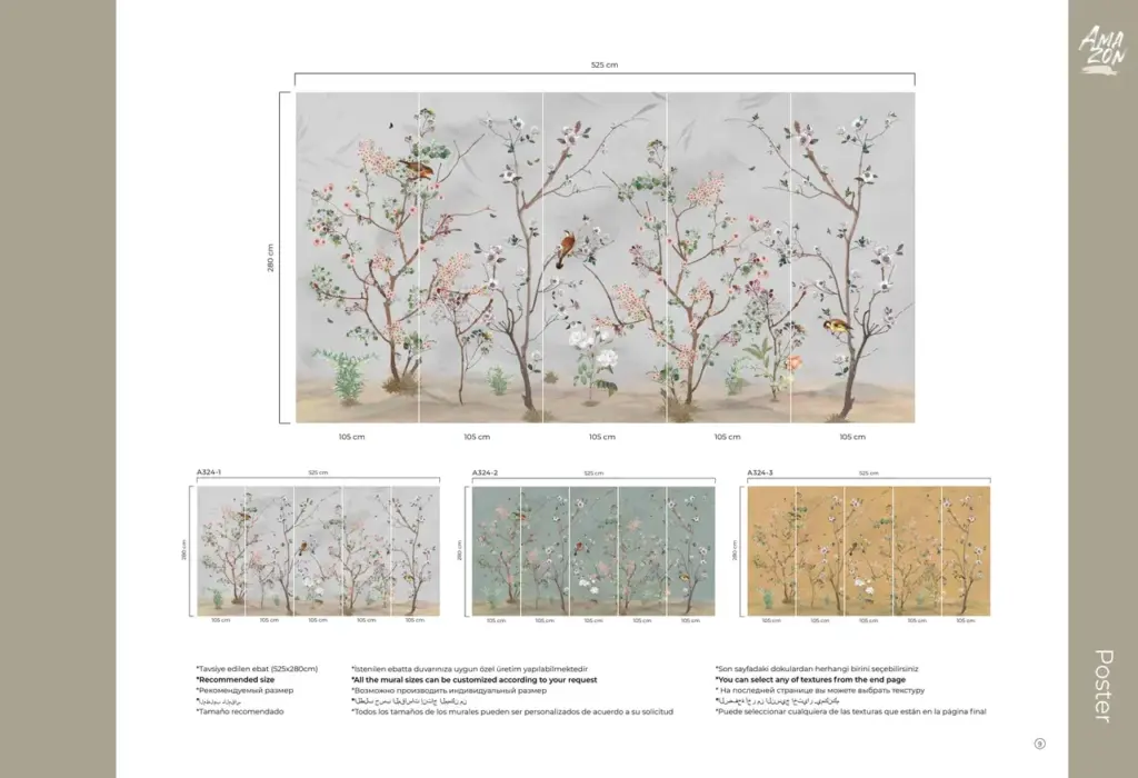 Spring Blossoms Design MURAL WALLPAPER, Available in Various Paper Texture, Code A324. It is Produced as 105 CM WIDE ROLL PANELS. - Image 8