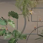 Monkey and Birds Design, VINYL FABRIC TEXTILE Wall Mural in Different Texture, Code FJ300.  It is produced as ONE PIECE WITHOUT JOINT.