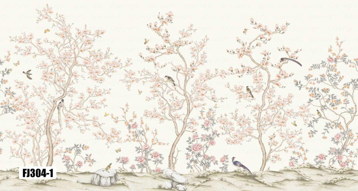 Flowers And Birds Design Mural WALLPAPER, Available in Various Paper Texture, Code FJ304. It is Produced as 105 CM WIDE ROLL PANELS. - Image 3