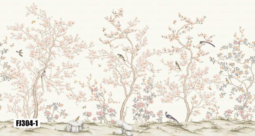 Flowers And Birds Pattern Design Vinyl, FABRIC BACK Wall Mural in Different Texture Code FJ304 - Image 2