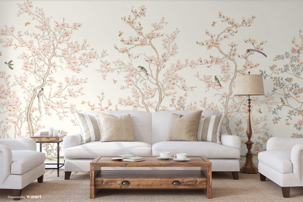 Flowers And Birds Pattern Design Vinyl, FABRIC BACK Wall Mural in Different Texture Code FJ304