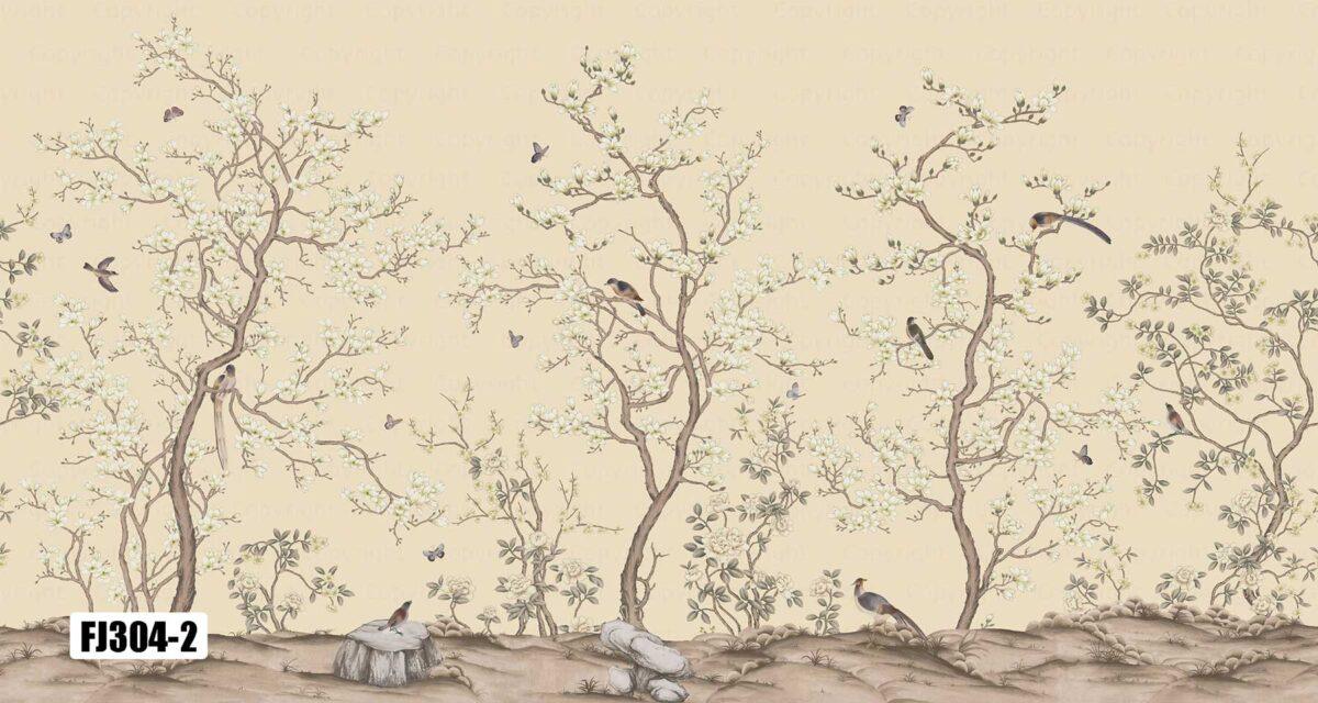Flowers And Birds Design Mural WALLPAPER, Available in Various Paper Texture, Code FJ304. It is Produced as 105 CM WIDE ROLL PANELS. - Image 2