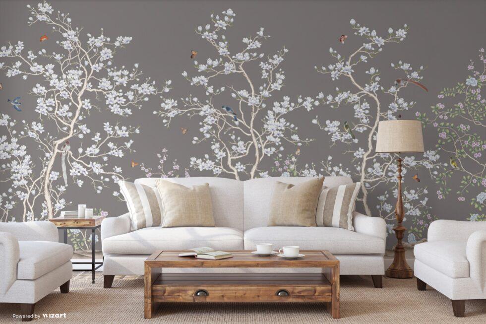 Flowers And Birds Pattern Design Vinyl, FABRIC BACK Wall Mural in Different Texture Code FJ304 - Image 5