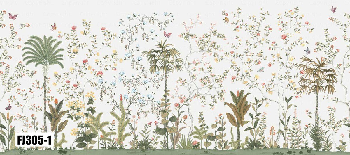 Flowers Pattern Design, VINYL FABRIC TEXTILE Wall Mural in Different Texture, Code FJ305.  It is produced as ONE PIECE WITHOUT JOINT. - Image 2