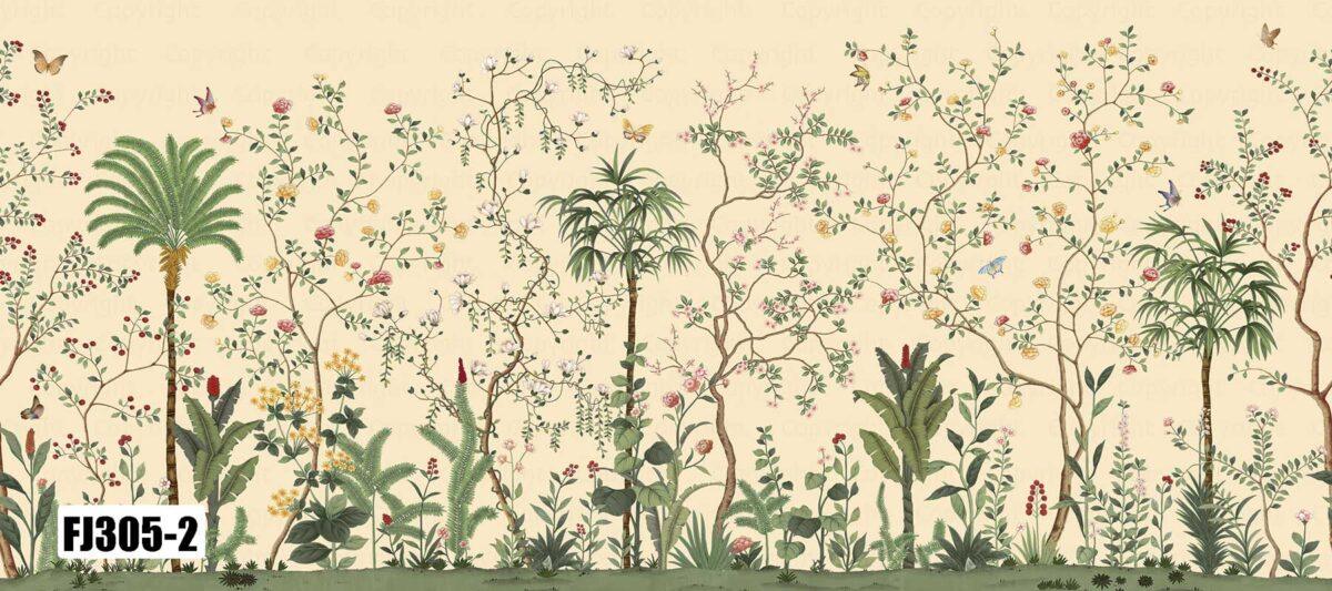Flowers Pattern Design, VINYL FABRIC TEXTILE Wall Mural in Different Texture, Code FJ305.  It is produced as ONE PIECE WITHOUT JOINT. - Image 3