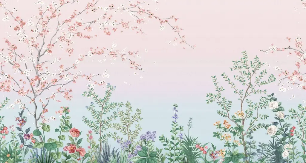 Colourful Flowers Pattern Design, VINYL FABRIC TEXTILE Wall Mural in Different Texture, Code FJ306.  It is produced as ONE PIECE WITHOUT JOINT.