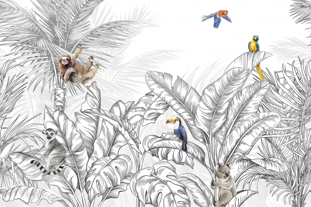 Animals And Palm Leaves Pattern Design Mural WALLPAPER, Available in Various Paper Texture, Code FJ307. It is Produced as 105 CM WIDE ROLL PANELS.