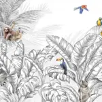 Animals And Palm Leaves Pattern Design Mural WALLPAPER, Available in Various Paper Texture, Code FJ307. It is Produced as 105 CM WIDE ROLL PANELS.