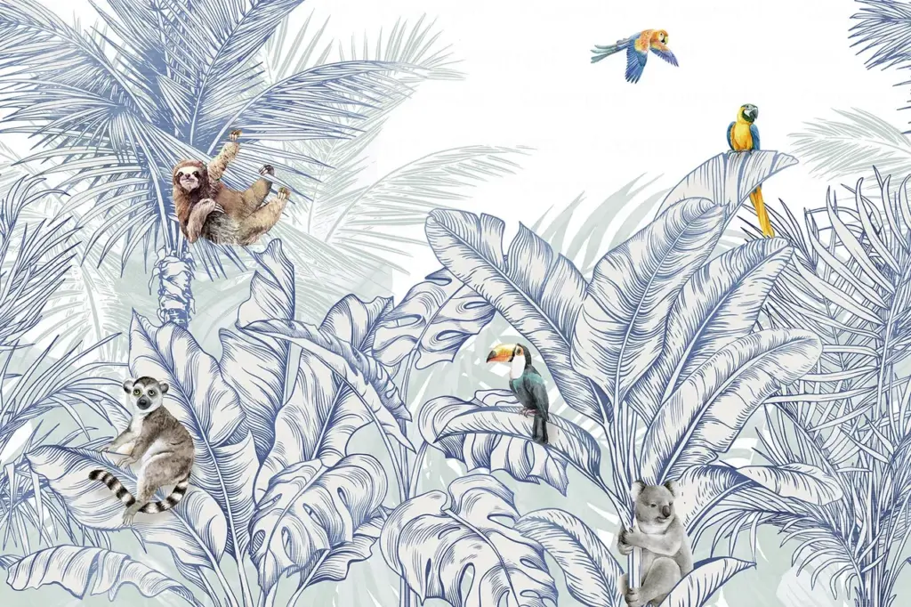 Animals And Palm Leaves Pattern Design, VINYL FABRIC TEXTILE Wall Mural in Different Texture, Code FJ307.  It is produced as ONE PIECE WITHOUT JOINT.