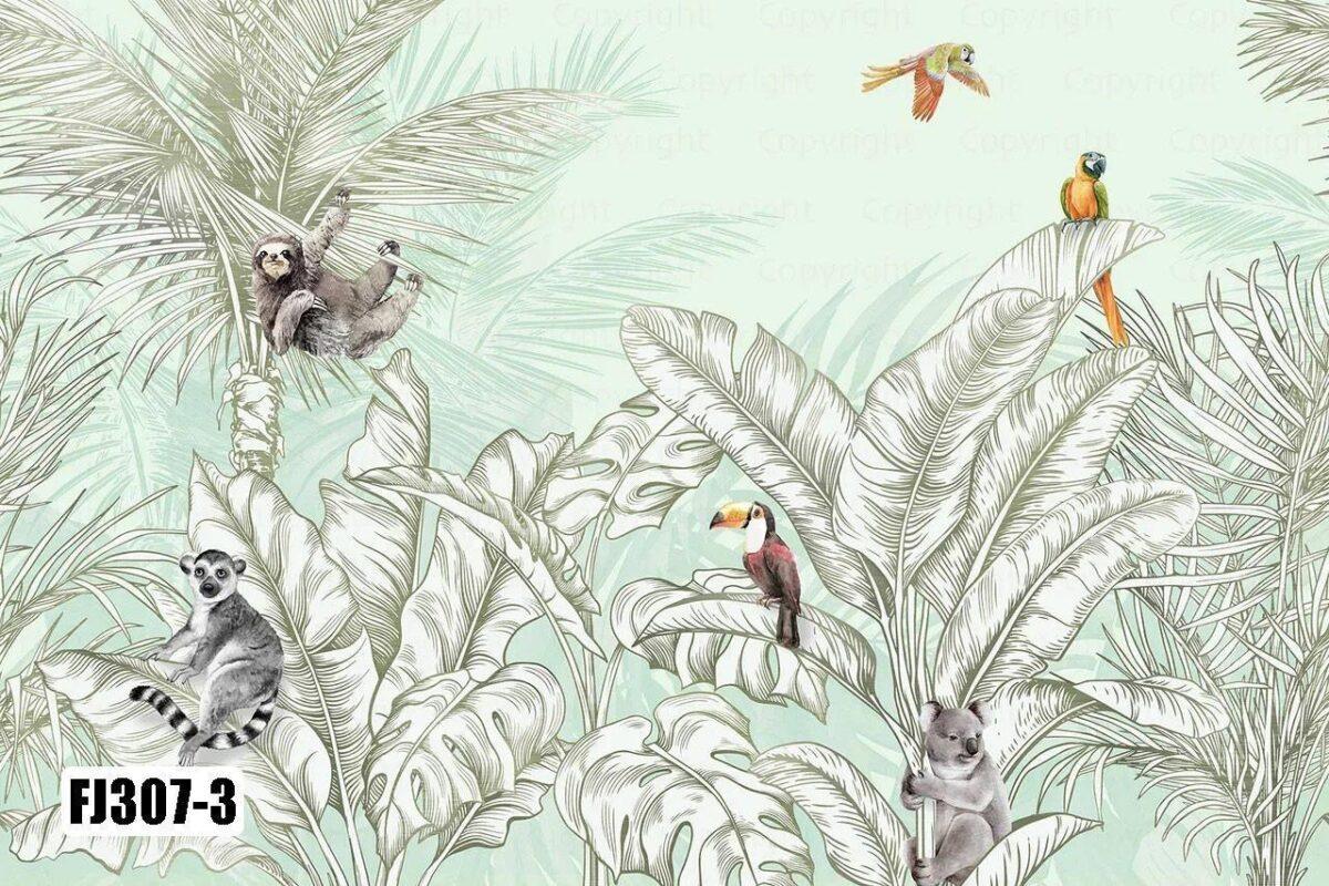Animals And Palm Leaves Pattern Design Mural WALLPAPER, Available in Various Paper Texture, Code FJ307. It is Produced as 105 CM WIDE ROLL PANELS. - Image 2