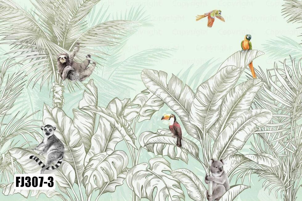 Animals And Palm Leaves Pattern Design Mural WALLPAPER in Different Texture - Code FJ307 - Image 4