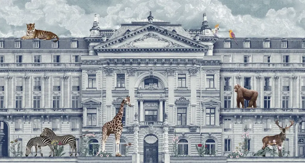 Zoo Pattern Design, VINYL FABRIC TEXTILE Wall Mural in Different Texture, Code FJ308.  It is produced as ONE PIECE WITHOUT JOINT.