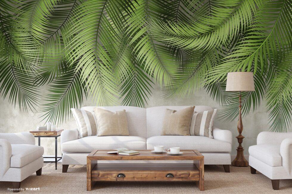 Palm Leaves Pattern Design Vinyl, FABRIC BACK Wall Mural in Different Texture Code FJ312