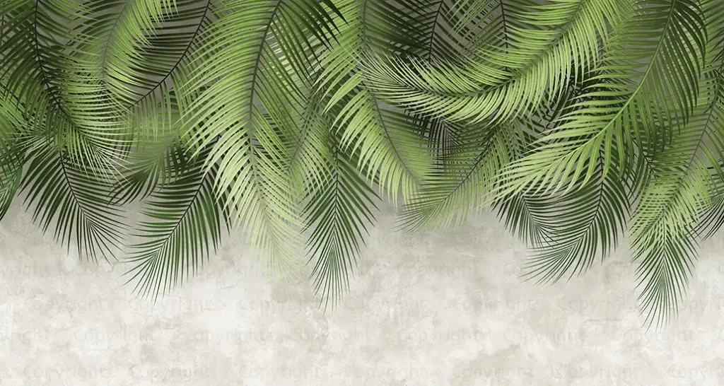 Palm Leaves Pattern Design, VINYL FABRIC TEXTILE Wall Mural in Different Texture, Code FJ312.  It is produced as ONE PIECE without joint.