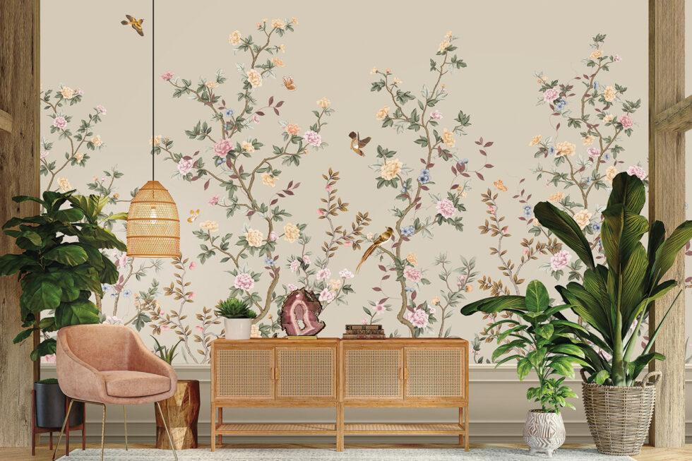 Flowers Pattern Design Vinyl, FABRIC BACK Wall Mural in Different Texture - Code FJ303