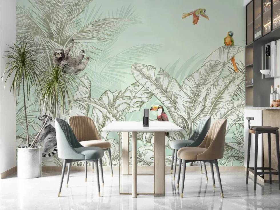 Animals And Palm Leaves Pattern Design Mural WALLPAPER in Different Texture - Code FJ307 - Image 5