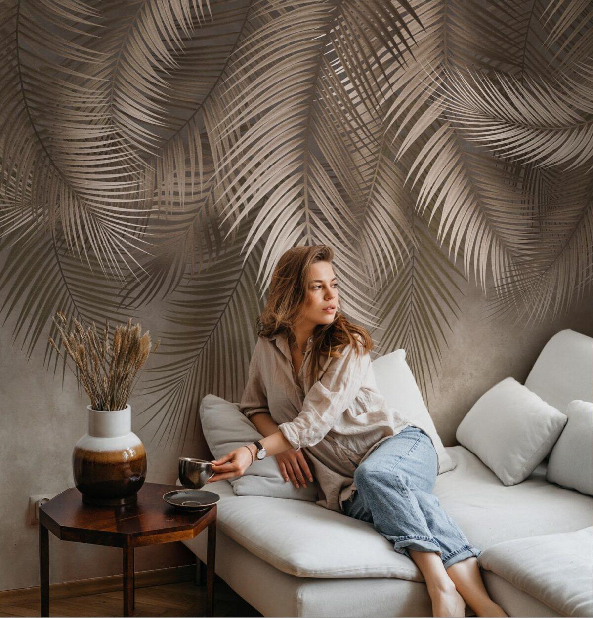 Palm Leaves Pattern Design Mural WALLPAPER, Available in various Paper Texture, Code FJ312. It is Produced as 105 CM Wide Roll Panels. - Image 5