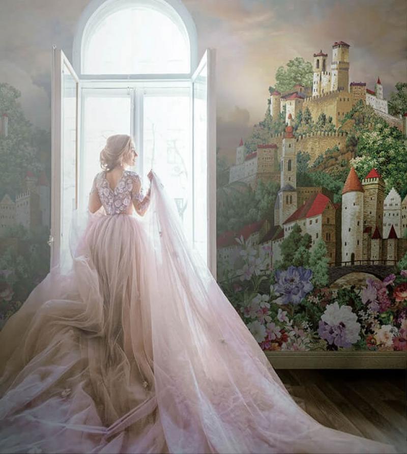 Blooming Flowers and Fairy tale Castle MURAL WALLPAPER, Available in Various Paper Texture, Code M707. It is Produced as 105 CM WIDE ROLL PANELS. - Image 2