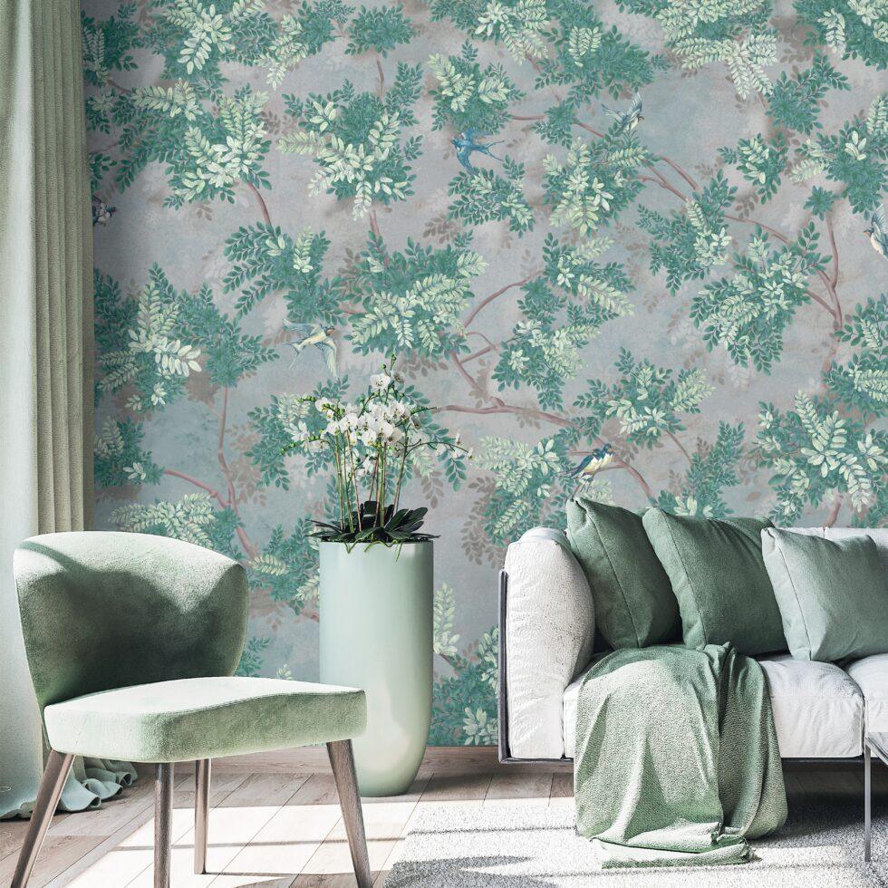 Green Leaf Design Embossed Vinyl, Fabric Back Wall Mural in Different Texture - Code SE300