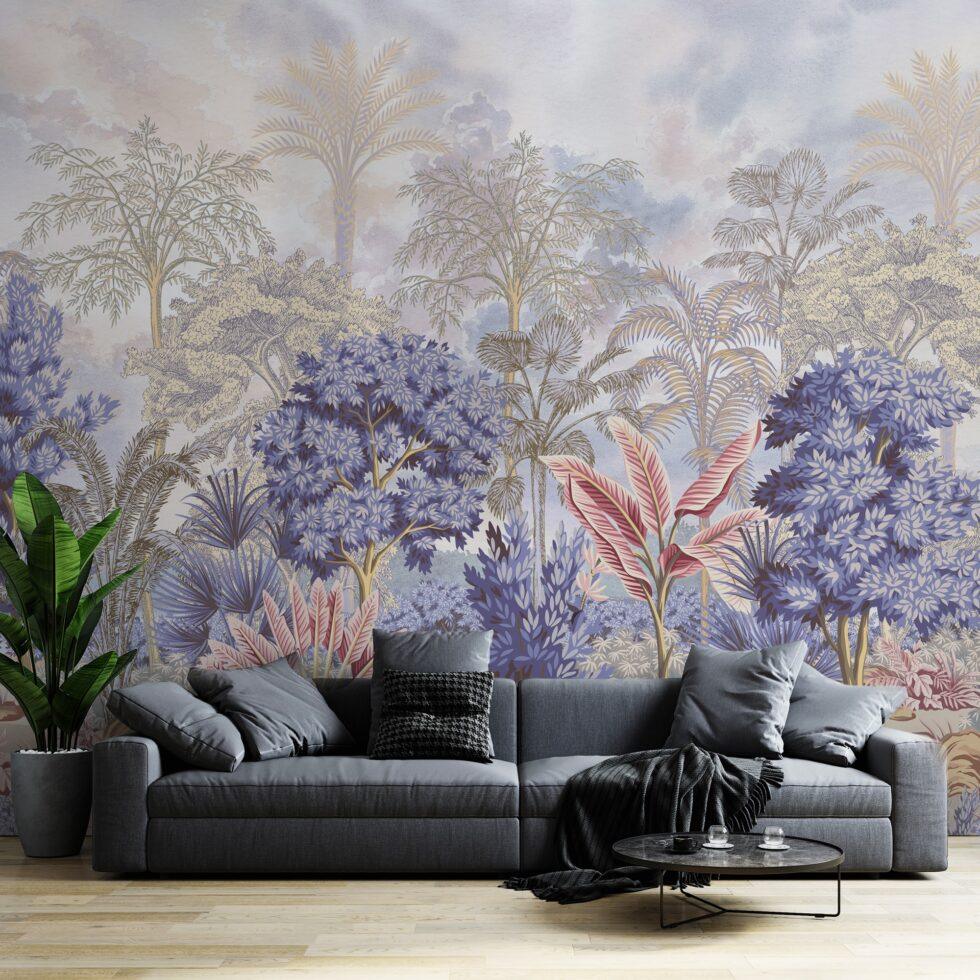 Colorful Jungle Embossed Vinyl, Fabric Back Wall Mural in Different Texture - Code SE304