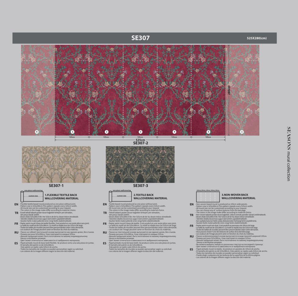 Floral and Leaf Design MURAL WALLPAPER, Available in Various Paper Texture, Code SE307. It is Produced as 105 CM WIDE ROLL PANELS. - Image 8