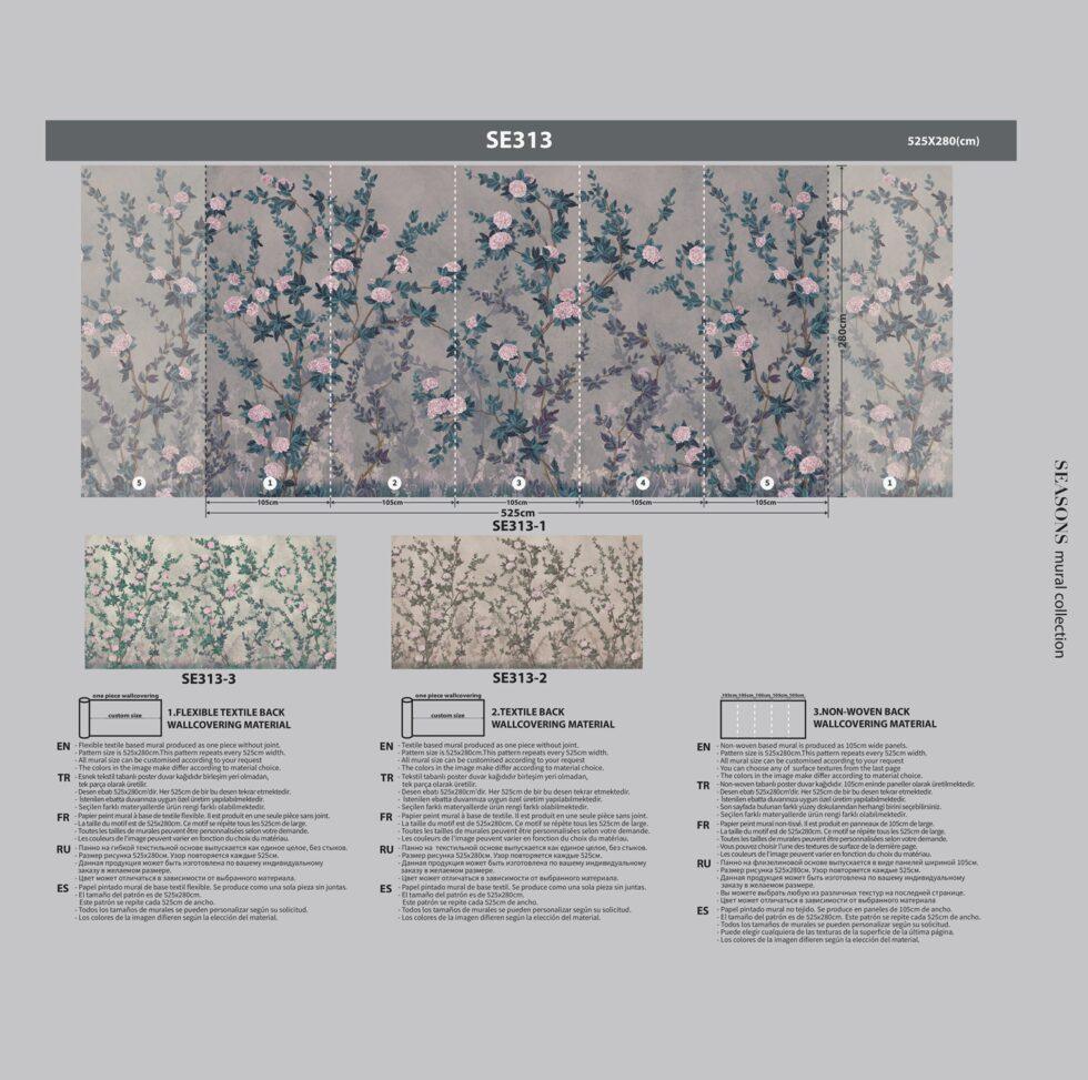 Floral Design MURAL WALLPAPER, Available in Various Paper Texture, Code SE313. It is Produced as 105 CM WIDE ROLL PANELS. - Image 7