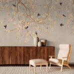 Floral and Bird Detailed Design, VINYL FABRIC TEXTILE Wall Mural in Different Texture, Code SE316. It is produced as ONE PIECE WITHOUT JOINT. - Image 6