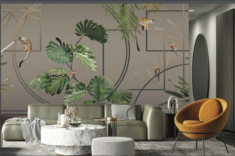 Monkey and Birds Design Mural WALLPAPER in Different Texture Code FJ300